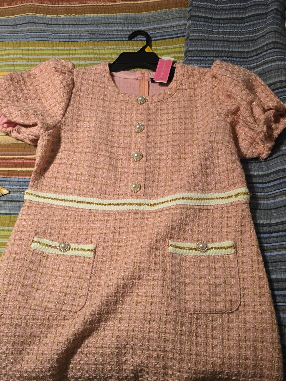 Simply Southern Blush Pink Tweed Midi Dress with Pearl Accents